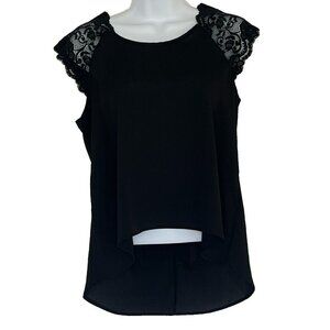 Wimisgoth Top Asymmetric Hem Lace Sleeve Dark Fairy Small Scoop Neck Black